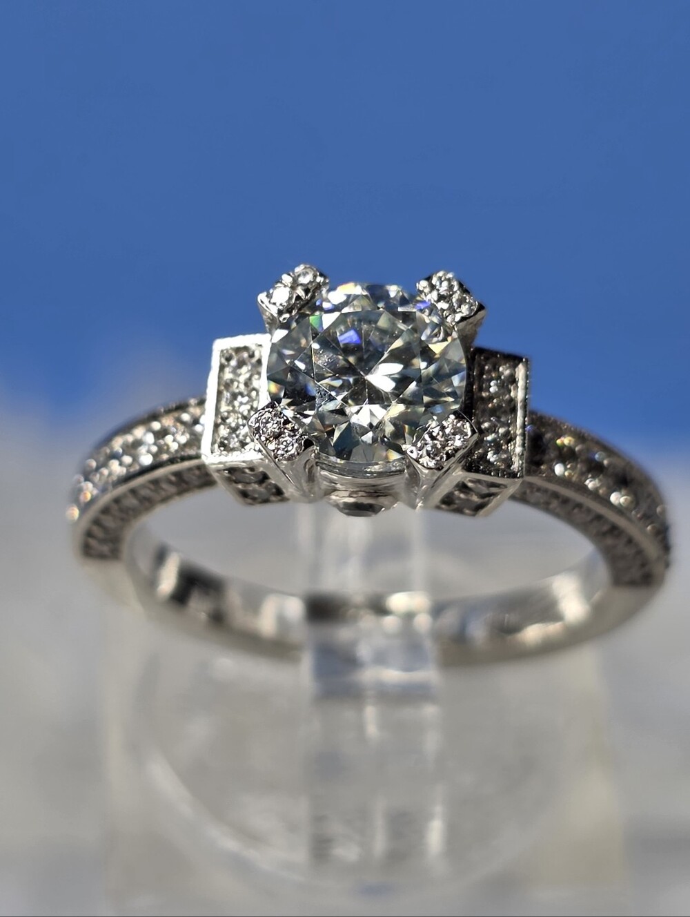 Moissanite Round Cut Solitaire Ring with Moissanite Accents